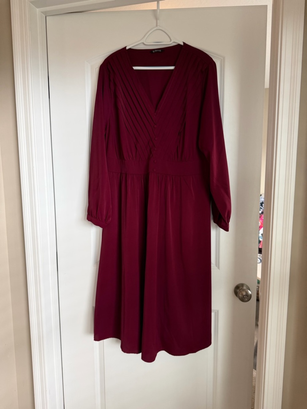 BloomChic Deep Wine Long Sleeve V-Neck Midi Dress
